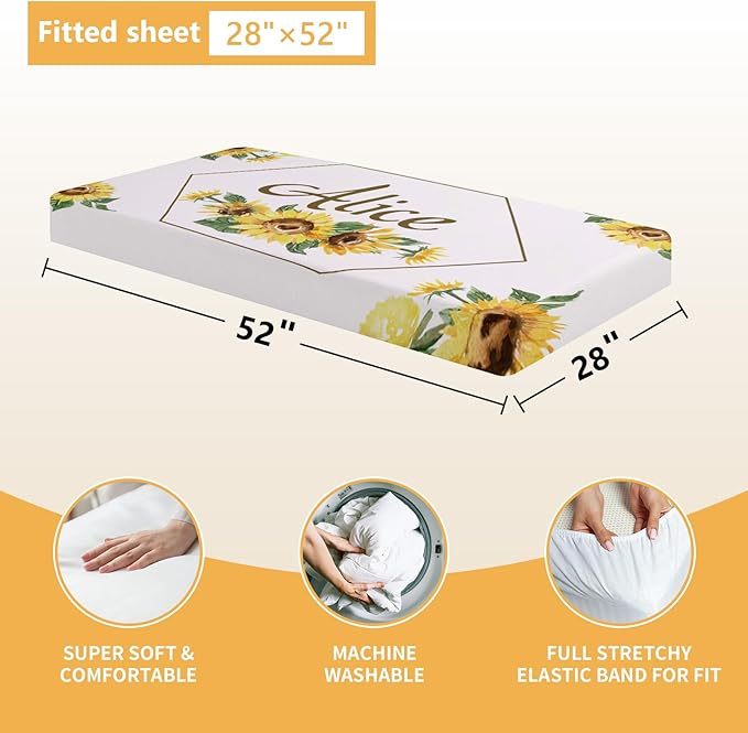 Personalized Baby Bedding Set - 5 Pcs Custom Infants Bedding Set with Infant Name - Double Layer Nursery Crib Set for Girls Boys - Customized Gifts for Toddler Baby Shower - Yellow Sunflower