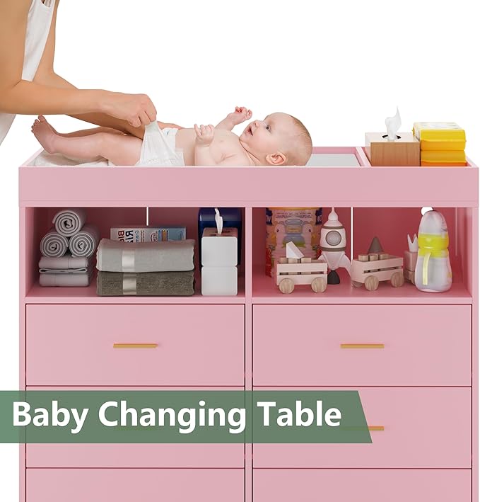 GarveeHome Dresser for Bedroom with 6 Drawers, Baby Changing Table Dresser with Changing Pad, LED Lights & Charging Station, Baby Changing Station with Changing Table Top, Pink