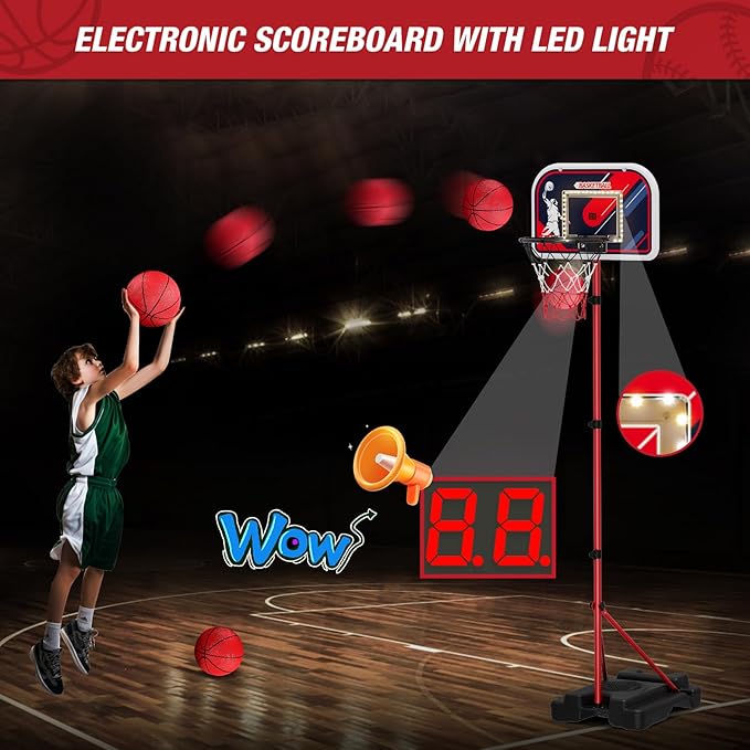 4 in 1 Kids Basketball Hoop and Tball Set for Toddlers 3-5, Basketball Goal with Scoreboard & LED, Hanging Tee Ball Stand with Baseball Pitching Machine, Indoor Outdoor Sport Toys for Boys 4-8