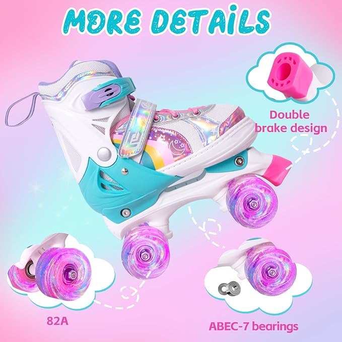 Rainbow Toddler Roller Skates - Size 4 Adjustable | Light Up Quad Skates for Girls & Boys Beginners Aged 3-12