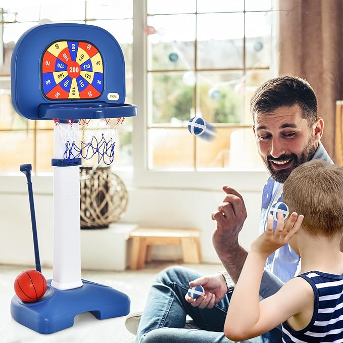 Costzon Kids Basketball Hoop, 4-in-1 Toddler Sports Activity Center with 5 Adjustable Height, Basketball Golf Toss Ring Dart Board Game Set, Indoor Outdoor Toddler Basketball Hoop, Gift for Boys Girls