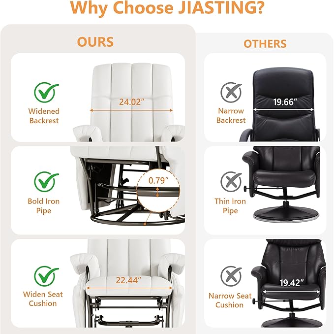 JIASTING 360° Swivel Leather Recliner Chair with Ottoman & Double Side Pockets, Nursing Glider Rocking Recliner Chair, Gliding Chairs for Nursery, Living Room, Office, Bedroom, Metal Frame (White)
