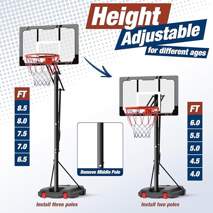 Mayfire Kids Basketball Hoop Adjustable Height 4-8.5 FT, Portable Basketball Goal System with 33'' Shatterproof Backboard for Kids Youth Teens in Driveway, Backyard, Outdoor Play