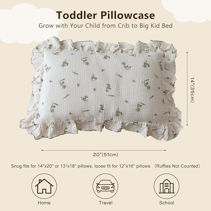 BuLuTu Muslin Toddler Pillowcase for Crib Cot Cradle, Soft Thin Kids Pillow Cover for Girls Boys, Children Pillow Cover for Sleeping with Cute Rabbit Print,14"x20", Envelope Closure