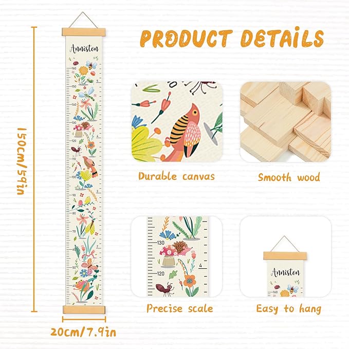 Personalized Name Growth Chart for Wall, Flower Birds Canvas Height Chart for Kids Baby Child Toddler Boys Girls, Canvas&Wood Growth Chart for Wall Room Nursery Decor,Easy Care