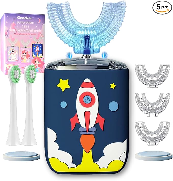 Kids U Shaped Electric Toothbrush Ultrasonic Automatic Brush with 5 Brush Head 6 Clean Modes IPX7 Waterproof Whole Mouth Rechargeable Smart Timer Toothbrushes for Children Age 2-7 (Blue)