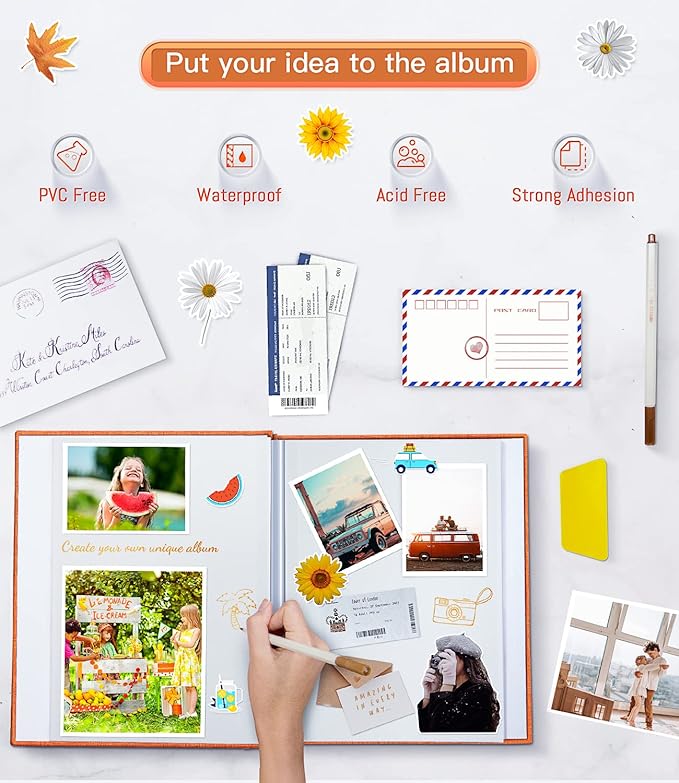 popotop Photo Album Self Adhesive with Picture Display Window,60 Pages DIY Scrapbooking Supplies Kit for 4x6 10x12 Picture,Linen Cover Memory Book for Baby Wedding, with Scraper and Metallic Pen