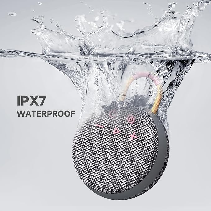 MusiBaby Wireless Mini Speaker – IPX7 Showerproof Audio with BT 5.3 & Clip, Durable Shell for Dorm Use, Gift Bags, Backpack Travel & Poolside Fun (Gray)