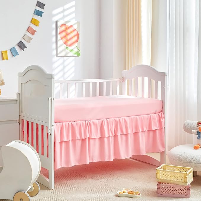 Mini Crib Bedding Set 3 Pieces Baby Boho Quilted Tufted Ruffles Comforter with Fitted Sheet and Ruffled Bed Skirt - Cute Shabby Baby Bedding Fits Mini Crib Only Pink