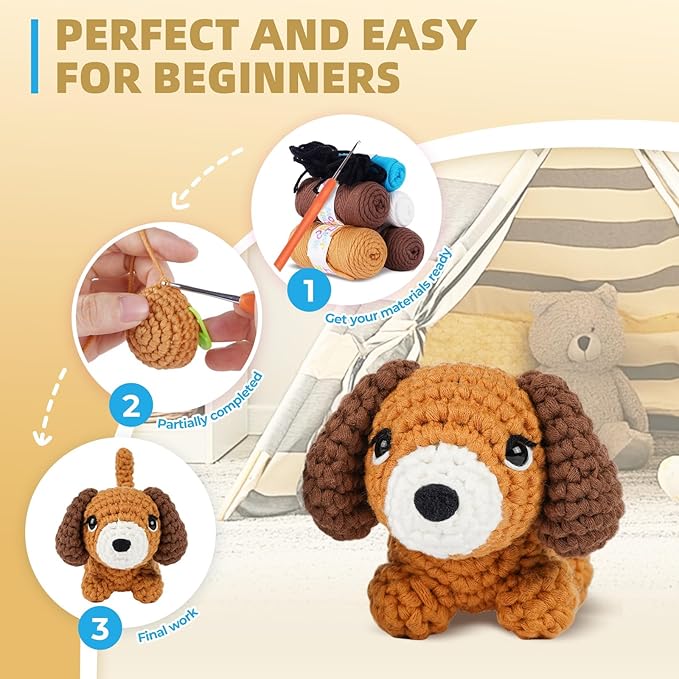 MOREJMTT Crochet Kit for Beginners, Learn to Crochet, Include Easy Knitting Soft Yarn, Step-by-Step Video Tutorial, Hook, Holiday Birthday Gift for Adults and Kids(Sausage Dog)
