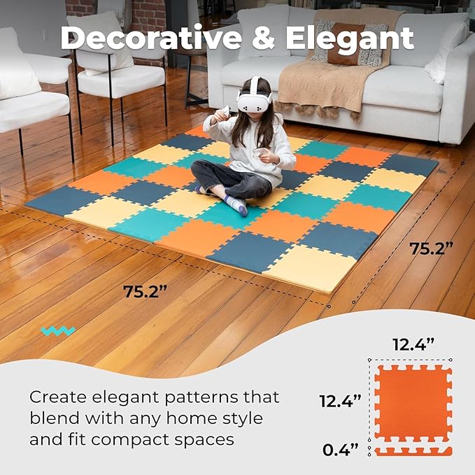 MioTetto Foam Floor Tiles for Kids - Non-Toxic Comfortable Baby Play Mat and Interlocking Foam Tiles, Fits with 74x74 Playpen Mat for Crawling & Development, Soft Play Mat for Babies 6-12 Months