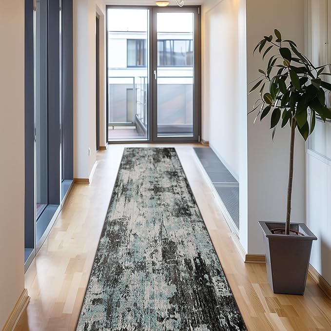 Washable Area Rugs 2'x10' Non-Slip Modern Abstract Soft for Living Room Entryway Bedroom Nursery, Print Pattern, Blue Black Teal