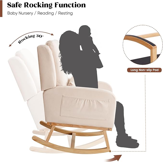 Rocking Chair Nursery, Nursing Rocking Chairs with Lumbar Pillow, Comfy Modern Nursery Glider Rocker Morden Accent Rocking Chair for Mom Nursery, Living Room, Bedroom, Beige