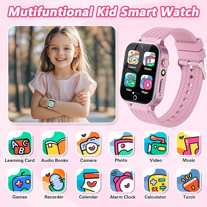 Smart Watch for Kids Girl Gift Ages 3-12, 2 Screen Protector, 26 Puzzle Games, HD Camera Video Music Player Touchscreen Pedometer, Educationtal Toy Brithday Gifts for Girl Ages 4 5 6 7 8 9 10(Pink)