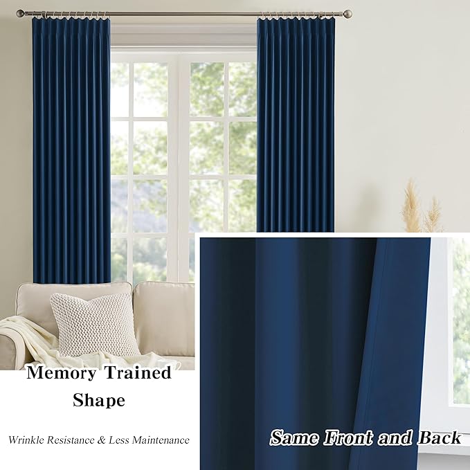 KEQIAOSUOCAI Pinch Pleated Curtains 100 Inches Long 2 Panels Set, Thermal Insulated Blackout Room Darkening Curtain for Bedroom,Window Draperies with Hooks(Navy Blue,40x100-inch)