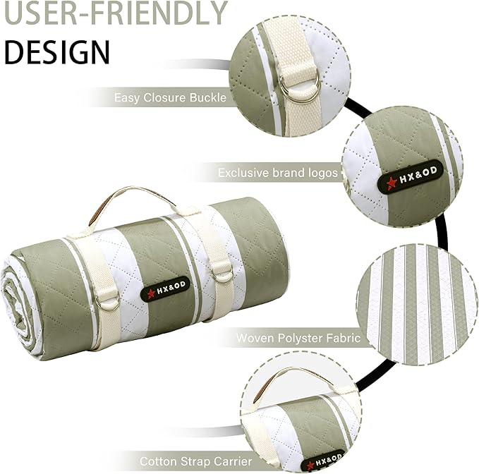 HX&OD Outdoor Picnic Blanket Extra Large, 80''*60'' Waterproof Picnic Mat with Stakes Foldable Camping Blanket Portable with Carry Strap for Beach Mat (Green& White, 80''*60'')