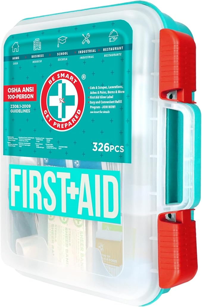 Be Smart Get Prepared First Aid Kit, Teal, 326 Piece, Exceeds OSHA and ANSI Guidelines 100 People - Office, Home, Car, School, Emergency, Survival, Camping, Hunting and Sports