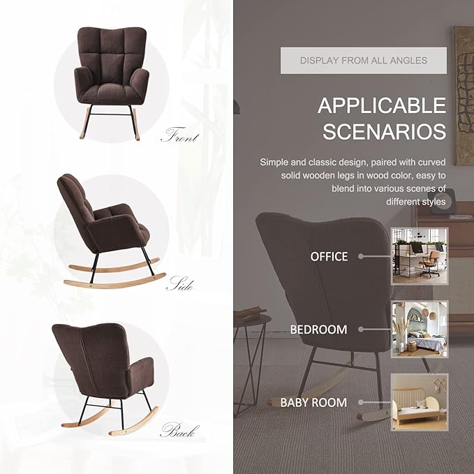 Nursery Rocking Chair, Teddy Upholstered Glider Rocker with High Backrest Armchair, Modern Rocking Accent Chairs for Nursery, Living Room, Bedroom, Offices (Brown)
