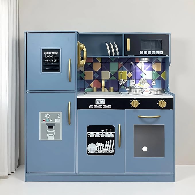 Wooden Play Kitchen Toy Set with Light, Kids Children Pretend Toy Kitchen Playset, Sink Play Toy Oven with Microwave,Toddler Cooking Set Toy for Ages 3+ Baby Girls Boys (Blue)