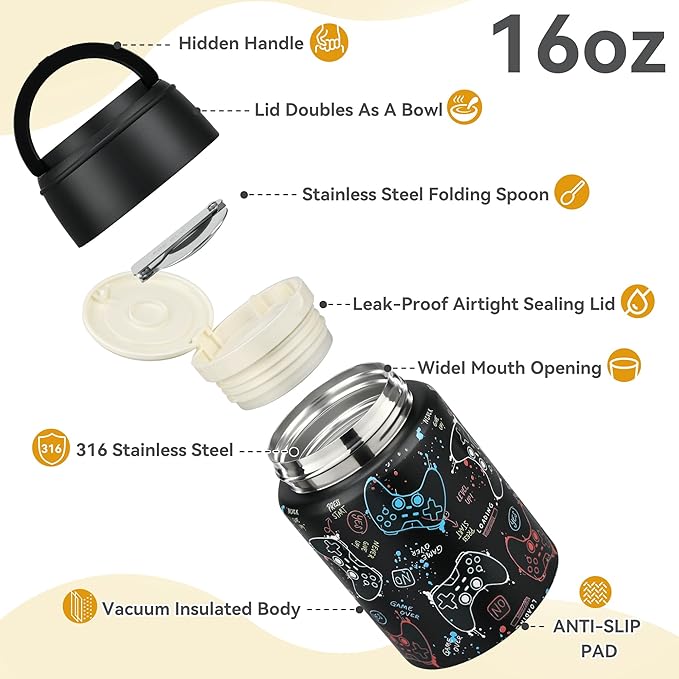 Soup Thermo for Hot Food Kids 16oz Insulated Food Jar Leakproof Thermo Lunch Container for Kids Wide-Mouth Stainless Steel Lunch Box for School with Handle Folding Spoon(3+)
