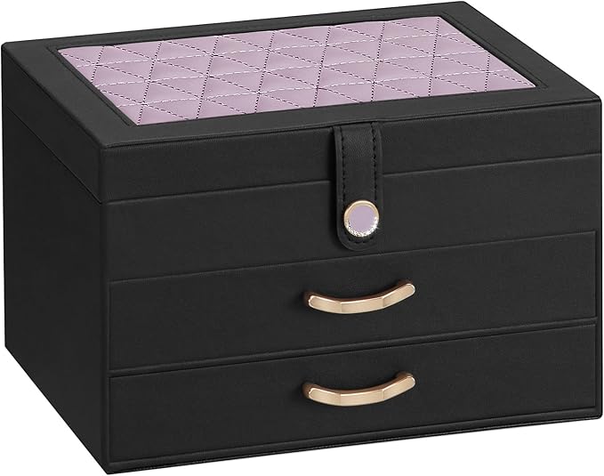Black Jewelry Box Organizer: Home Decor for Women - 2-Drawer Holder for Valentine’s Day Birthday Christmas Black Grey-Purple