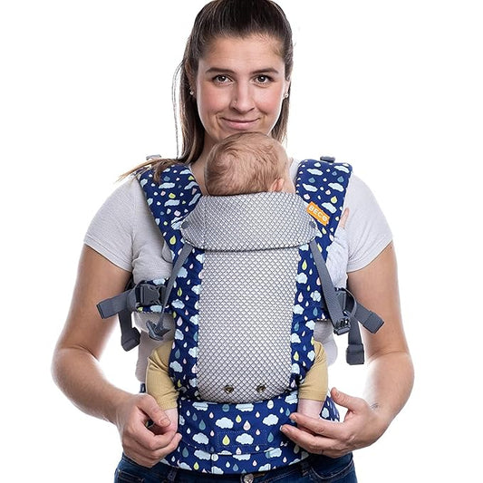 Beco Gemini Baby Carrier from Newborn to Toddler - Certified Ergonomic Newborn Baby Carrier for Infants and Children of 7-35 lbs - M Shape, Adjustable Seat, Breathable 3D Mesh (Cool Rain Drops)