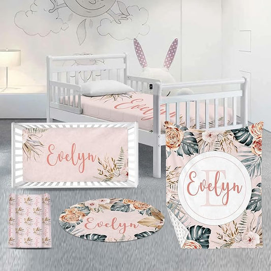 Custom Nursery Crib Bedding Set: 4 Piec Bohemian Flowers Baby Crib Sets for Girls with Personalized Name - Toddler Double Layer Blanket Set, Comfortable Crib Bed Sheets for Baby Toddlers