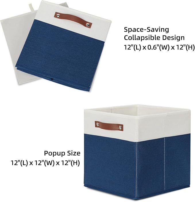 HNZIGE Cube Storage Baskets,Fabric Storage Cubes 12 x 12, Set of 4,Decorative Storage Baskets for Organizing with Handles,Blue Square Bins for Organizer Home Toy Nursery Closet(Blue White)