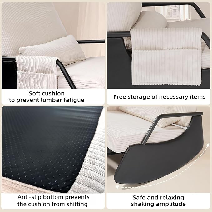 Rocking Chair for Nursery, Modern Upholstered Plush Seating Glider Recliner Chair with High Backrest and Side Pocket, Accent Armchair with Cushions for Living Room/Reading (Beige)