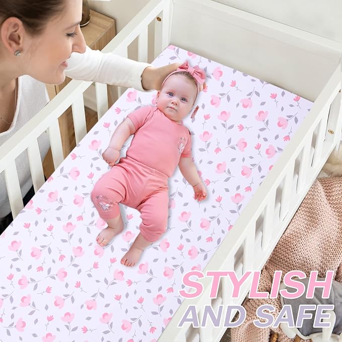 Cloele Elephant Crib Bedding Set for Girls - 3 Piece Baby Bedding Set Includes Comforter Fitted Sheet Crib Skirt - Pink Floral Standard Size Nursery Bedding Set Baby Crib Set for Girls