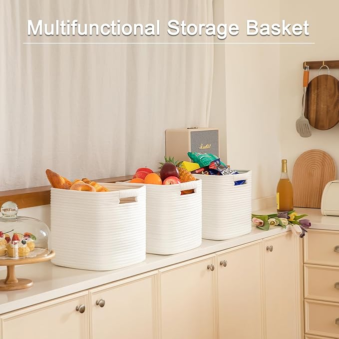 OIAHOMY Storage Cubes 11 Inch - 3 Pack, Cotton Rope Woven Baskets for Organizing, Square Storage Baskets for Shelves Organizer, Classroom, Kids Toy Bins, Closet, Baby Nursery-White