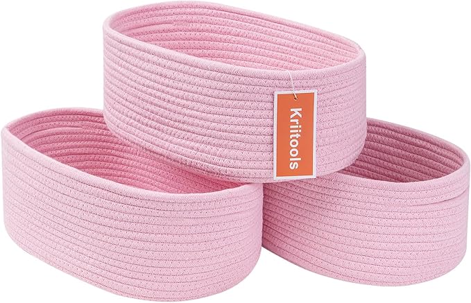 Cute Baskets for Shelf Storage Small Woven Basket to Store and Organize Daily Items/Durable Rope Basket for Living Room, Bedroom,Playroom/Oval-13x8.66x5.11’’,Stylish 3 Packs Pink
