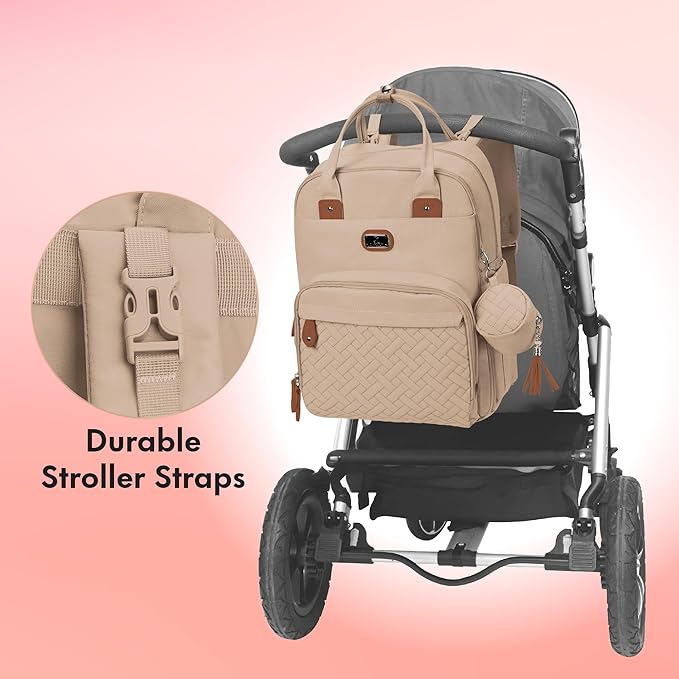 Dikaslon Diaper Bag Backpack with Portable Changing Pad, Pacifier Case and Stroller Straps, Large Unisex Baby Bags for Boys Girls, Multipurpose Travel Back Pack for Moms Dads, Milk Tea Khaki