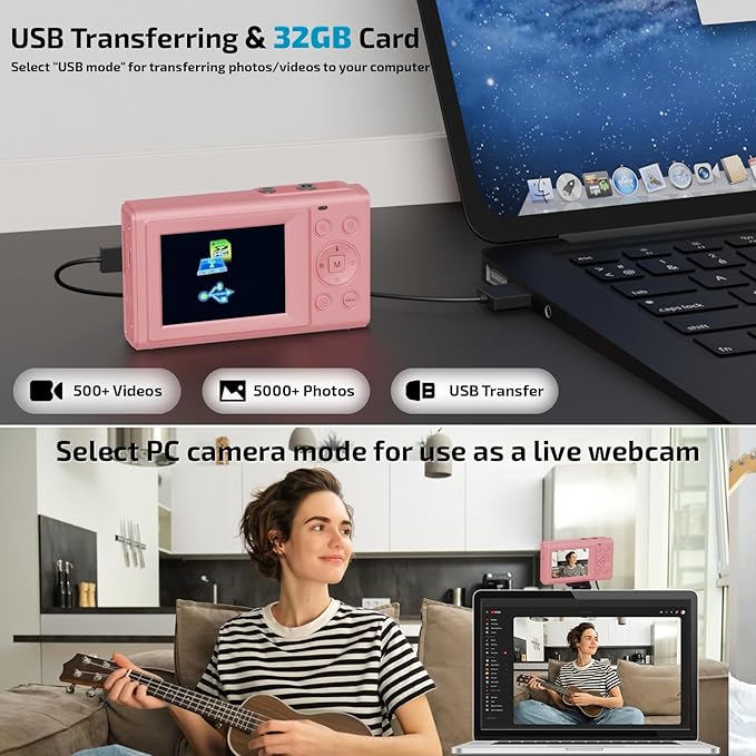 Upgrade Digital Camera, FHD 4K 44MP Autofocus Digital Point and Shoot Video Camera with 16X Zoom, 32GB SD Card, Compact Digital Camera Cheap for Teens Boys Girls Kids Pink Camera