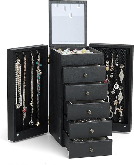 Meangood Jewelry Box Wood for Women, 6-Layer Large Organizer Box with Mirror & 5 Drawers for Rings, Earrings, Necklaces, Vintage Style, Black
