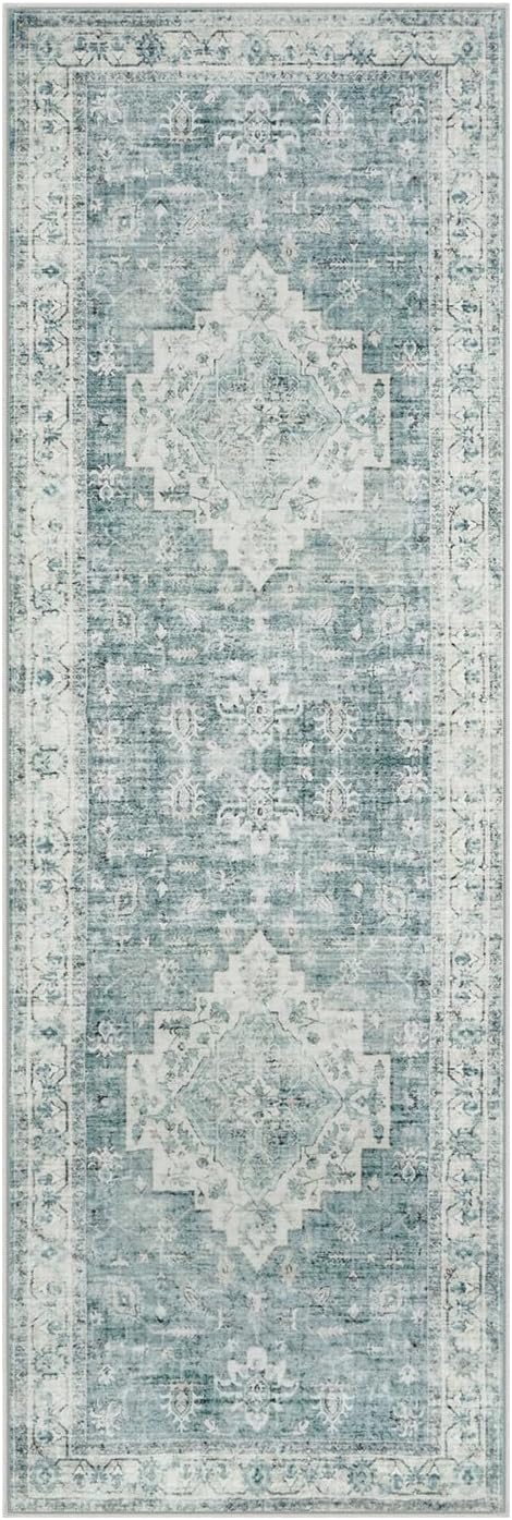 LIVEBOX Washable 2x6 Runner Rug for Bathroom, Non Slip Kitchen Mats for Floor Entryway, Boho Indoor Front Door Mat Low-Pile Runners for Hallways, Farmhouse Rugs for Bath Laundry, Blue