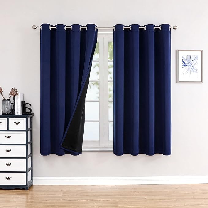 ChrisDowa 100% Blackout Curtains for Bedroom with Black Liner, 2 Thick Layers Total Blackout Thermal Insulated Grommet Window Curtains 2 Panels Set (Navy Blue, 52 x 45 Inch)