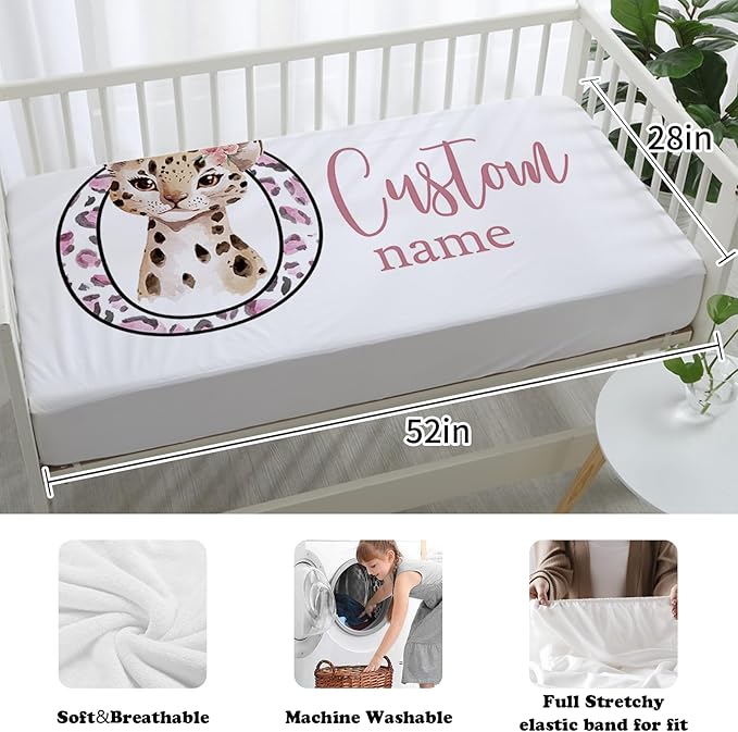 Custom Nursery Crib Bedding Set: Personalized Name 4 Piece Pink Leopard Elephant Design Baby Crib Sets for Girls - Toddler Double Layer Blanket Set, Comfortable Crib Bed Sheets for Baby Toddlers