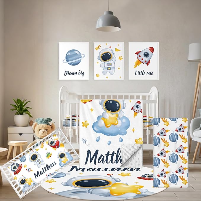 Customized Baby Bedding Set, 5 Pcs Custom Nursery Bedding Set with Baby Name, Double Layer Crib Set for Girls Boys, Personalized Gifts for Toddlers Infants New Parents, Space Astronaut