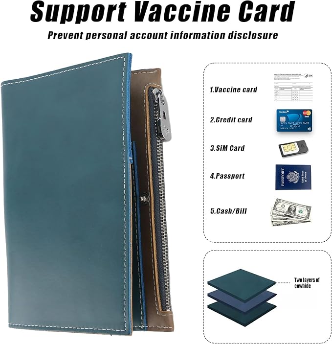 Genuine Leather Travel Passport Wallet, Slim RFID Blocking Holder for Secure Travel and Document Organization (Blue)