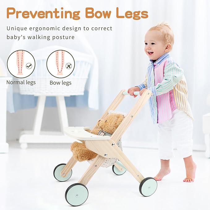 Wooden Baby Walker Doll Stroller, Baby Push Walker, Shopping Cart Learning Walk for Boys and Girls, Wood Push Toys for Toddler Learning to Walk