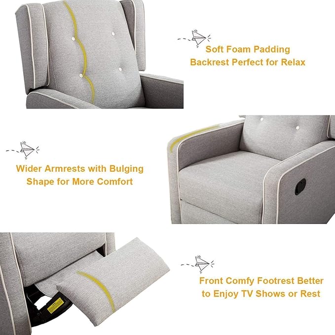 Swivel Rocker Recliner Chair Set of 2, Nursery Glider Chair, Nursery Rocking Chairs, Manual Reclining Chair, Grey