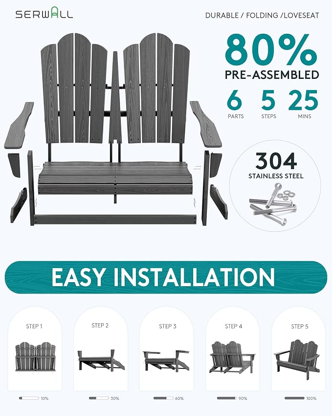 SERWALL 5 Pieces HDPE Patio Adirondack Chair Set, 2 Adirondack Chair - Image 4