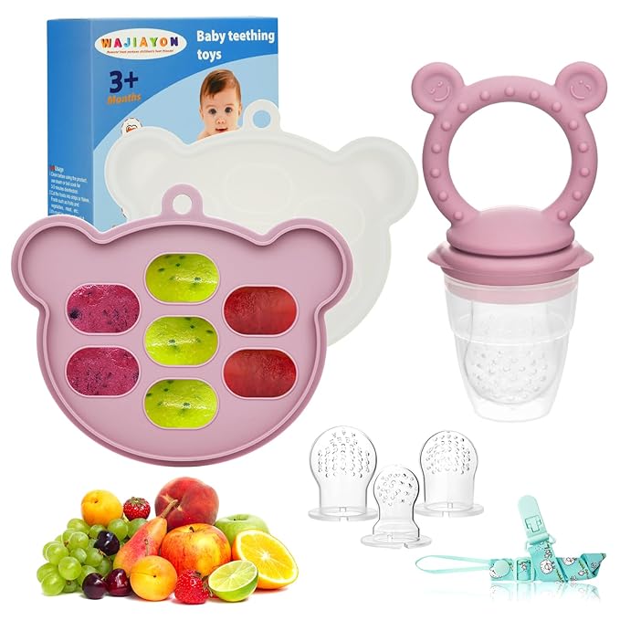 WAJIAYON Baby Breastmilk Popsicle Molds & Baby Fruit Feeder (2 Pack), Infant Food Freezer Tray Storage Containers, Silicone Teething Pacifier Feeder and Teether for Babies - Blush
