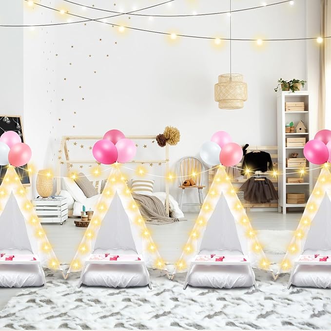 2 Pack Kids Teepee Tent with Mattress,Fitted Sheet,Light String,Washable Natural Cotton Toddler Play Tent for Girls Boys Indoor Outdoor Sleepover Slumber Birthday Party(White)