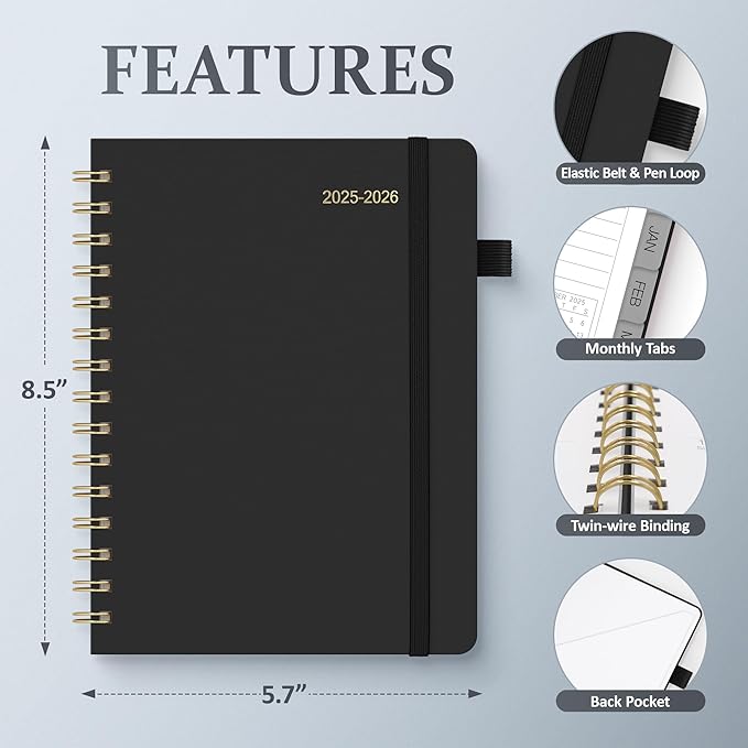 Planner 2025-2026 Weekly and Monthly, July 2025 - June 2026, Hardcover Spiral Bound with Tabs, Inner Pocket, A5 (6.3"x8.5") - Ideal for Teachers, Students & Professionals, Black