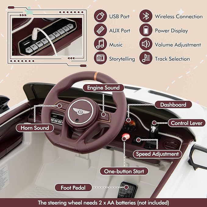 Costzon Ride on Car, 12V Licensed Bentley Bacalar Battery Powered Kids' Electric Vehicles w/Remote Control, Scissor Doors, Wireless Connection, Lights/Sound Effects, Kids Car Toys for Toddlers(White)