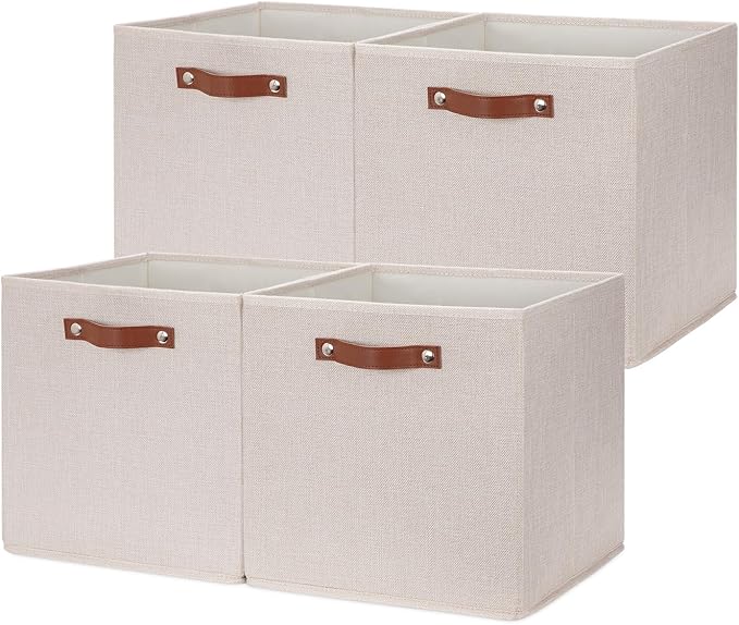 HNZIGE Foldable Storage Cubes Bins for Organizing, Set of 4, Fabric Cube Canvas Storage Bins 11 x11, Collapsible Bins for Organization with Handles for Shelf Nursery(Beige)