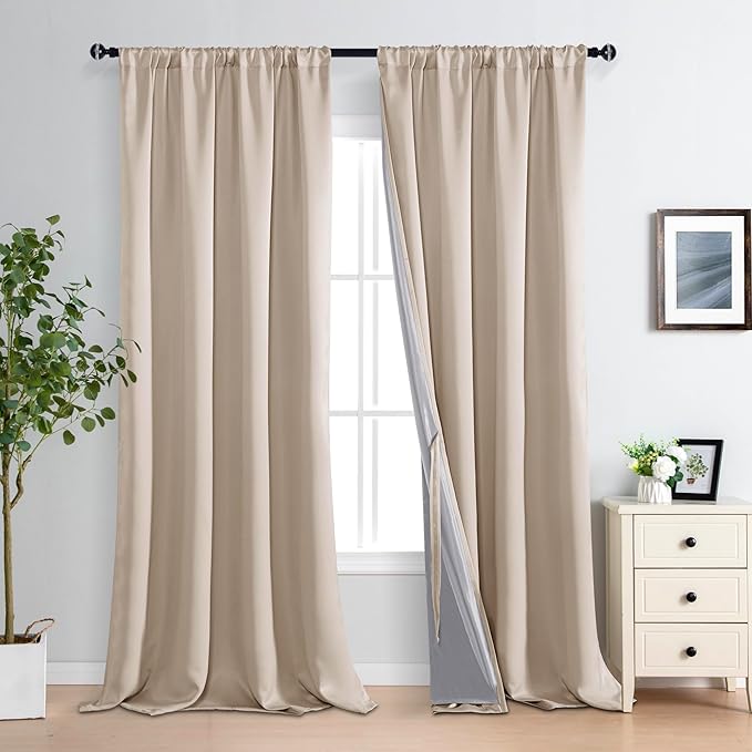 XWZO 100% Blackout Curtains, Double Layer Full Room Darkening and Energy Efficiency Rod Pocket Window Panels with Tiebacks for Living Room, Biscotti Beige, W52 x L95, Set of 2 Drape Panels