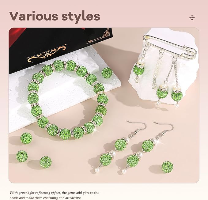 160pcs 10mm Rhinestone Beads for Jewelry Making, Light Green Shiny Round Disco Ball Beads Bulk, Sparkle Crystal Clay Christmas for Bracelet Baseball Necklace Earring Crafting and DIY